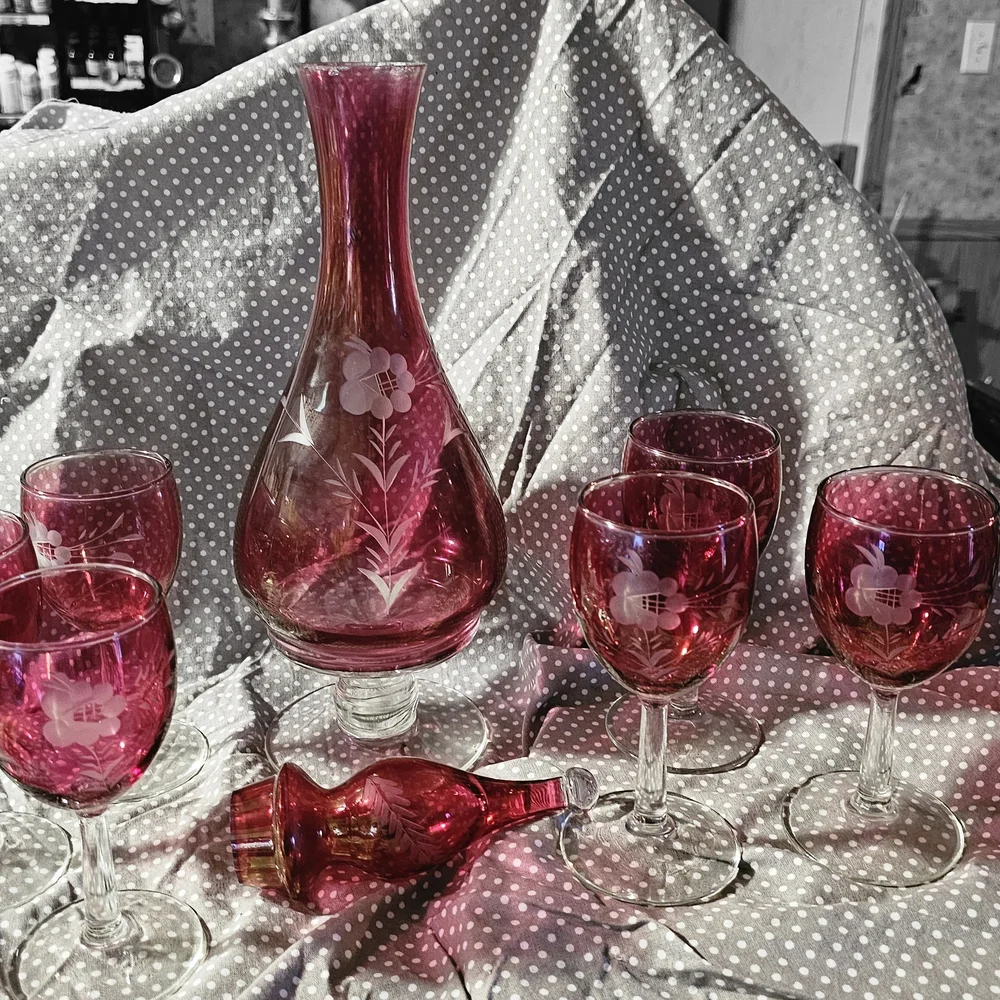 Ruby Red Etched Glass Decanter Set - 6 Stemmed Glasses